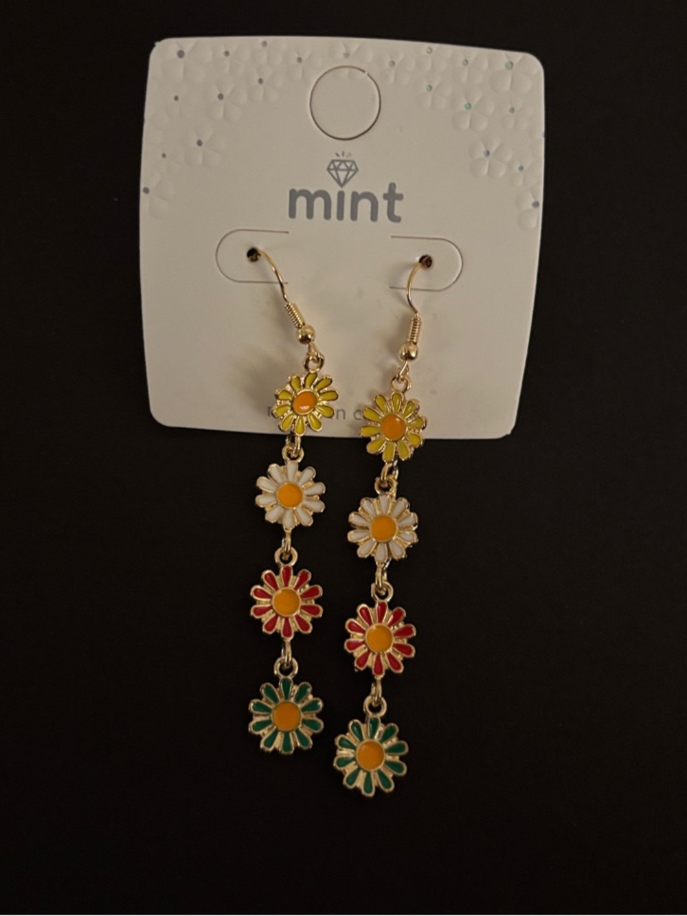 Mint Gold-Tone Enamel Daisy Drop Earrings in Yellow, White, Red, Green
